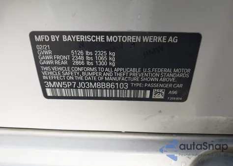 2021 BMW 3 Series 330E z USA, uszkodzony, nr VIN 3MW5P7J03M8B86103